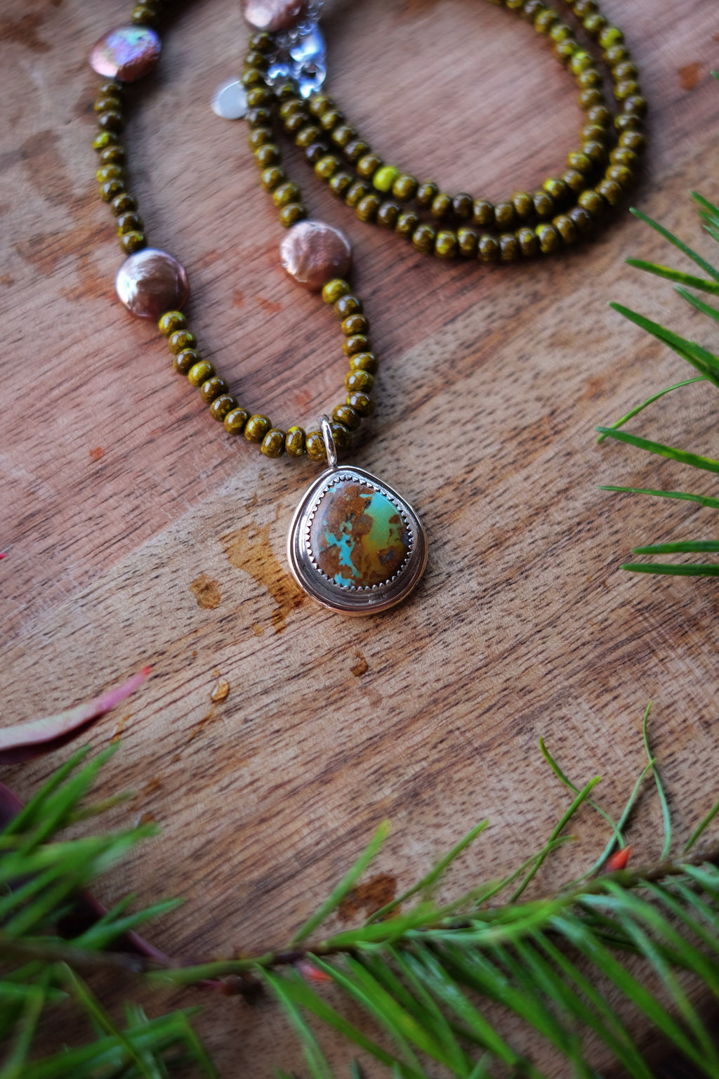 Turquoise + Pearl Necklace with Bronze Turquoise Pendant