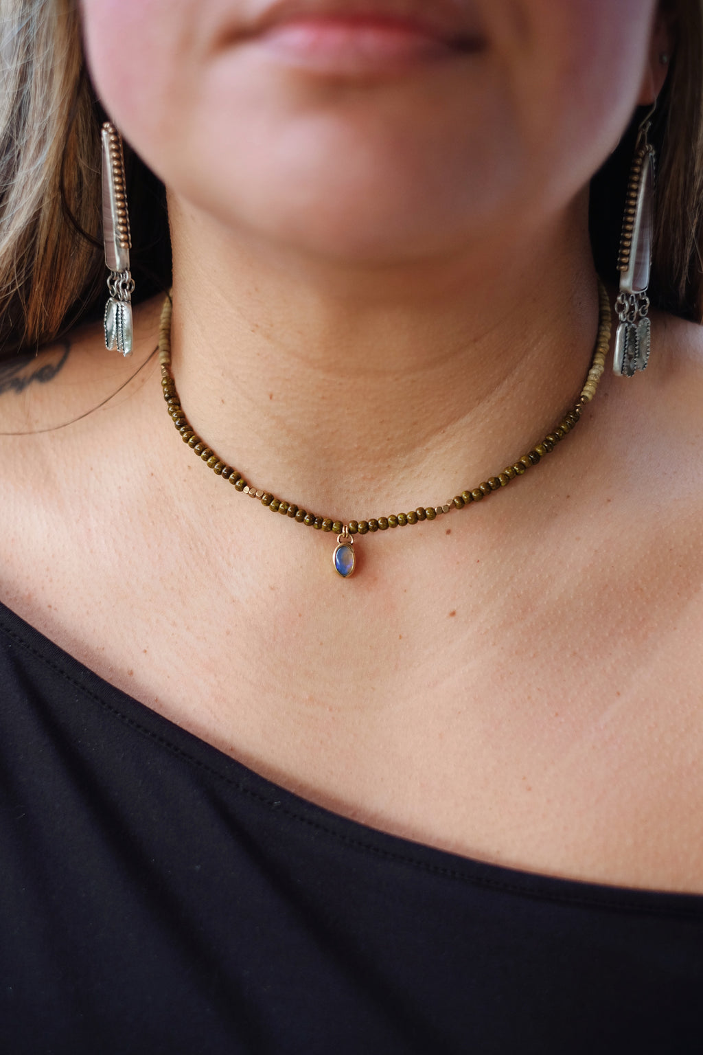 Turquoise Seed Beads with Boulder Opal Brass Pendant