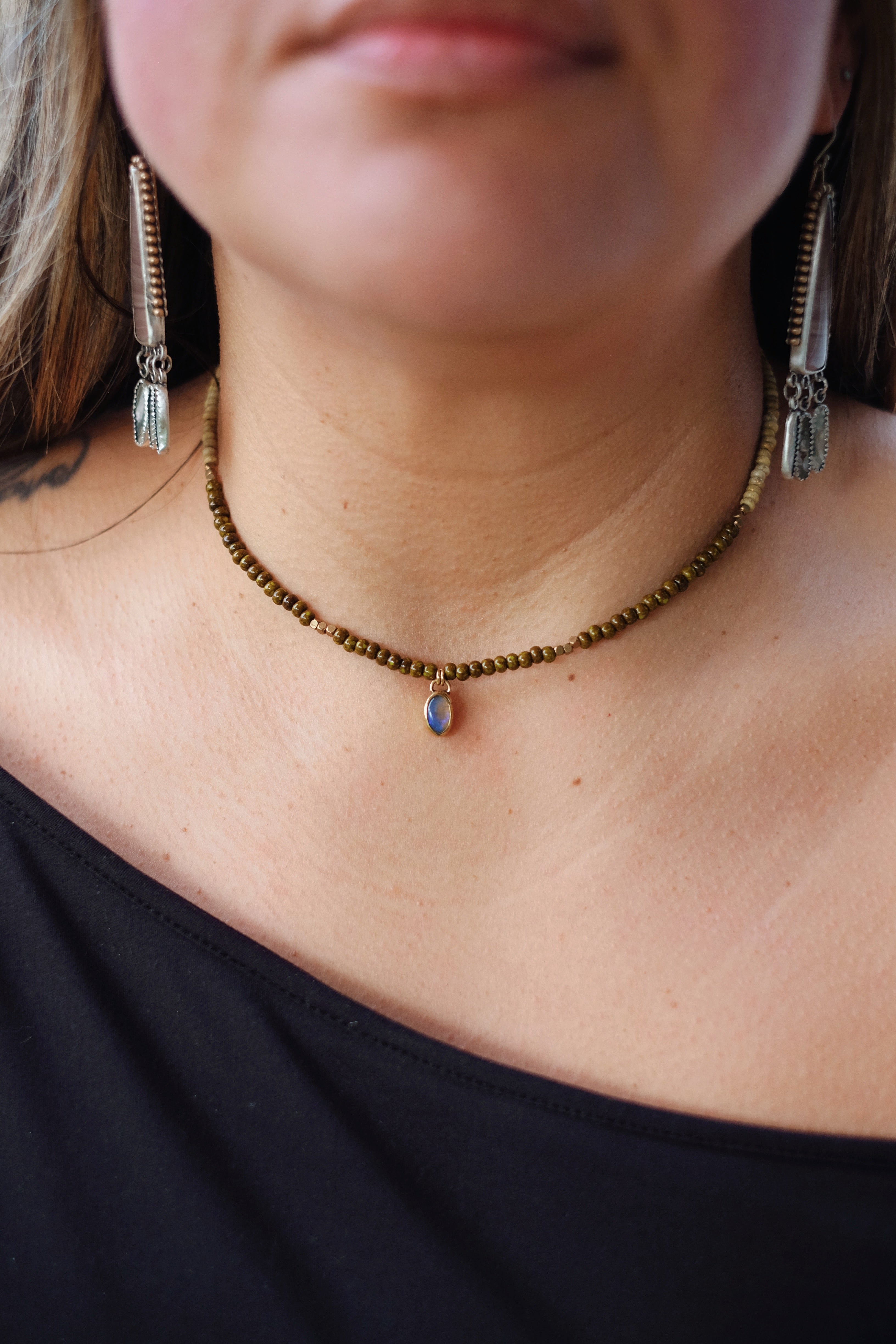 Turquoise Seed Beads with Boulder Opal Brass Pendant