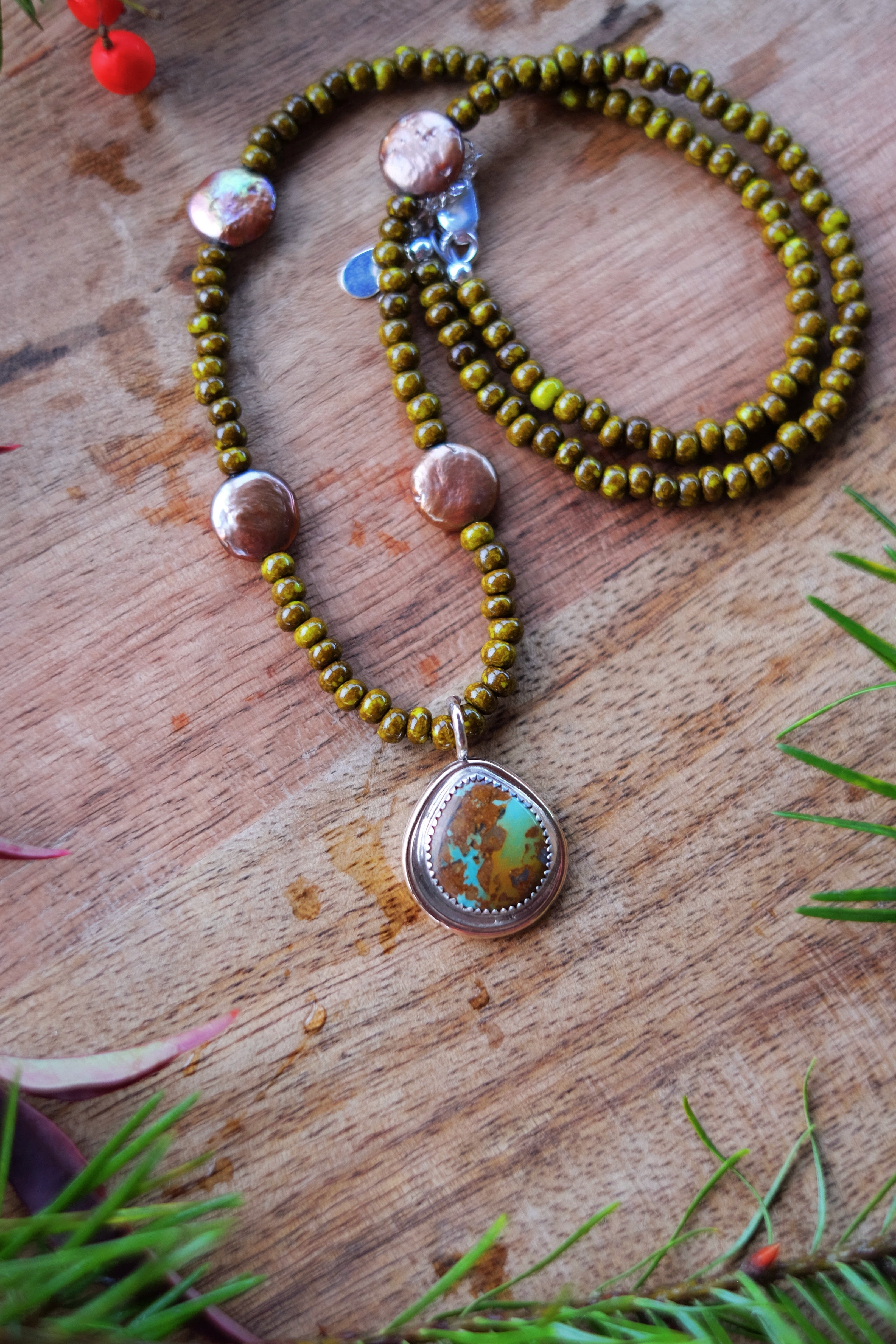 Turquoise + Pearl Necklace with Bronze Turquoise Pendant