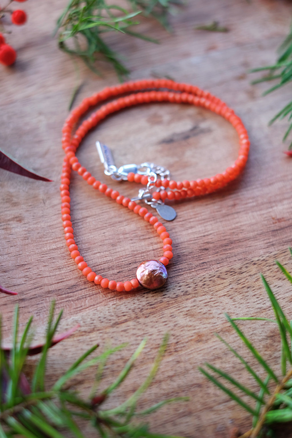Coral-Orange Seed Bead Necklace with Pearl Accent