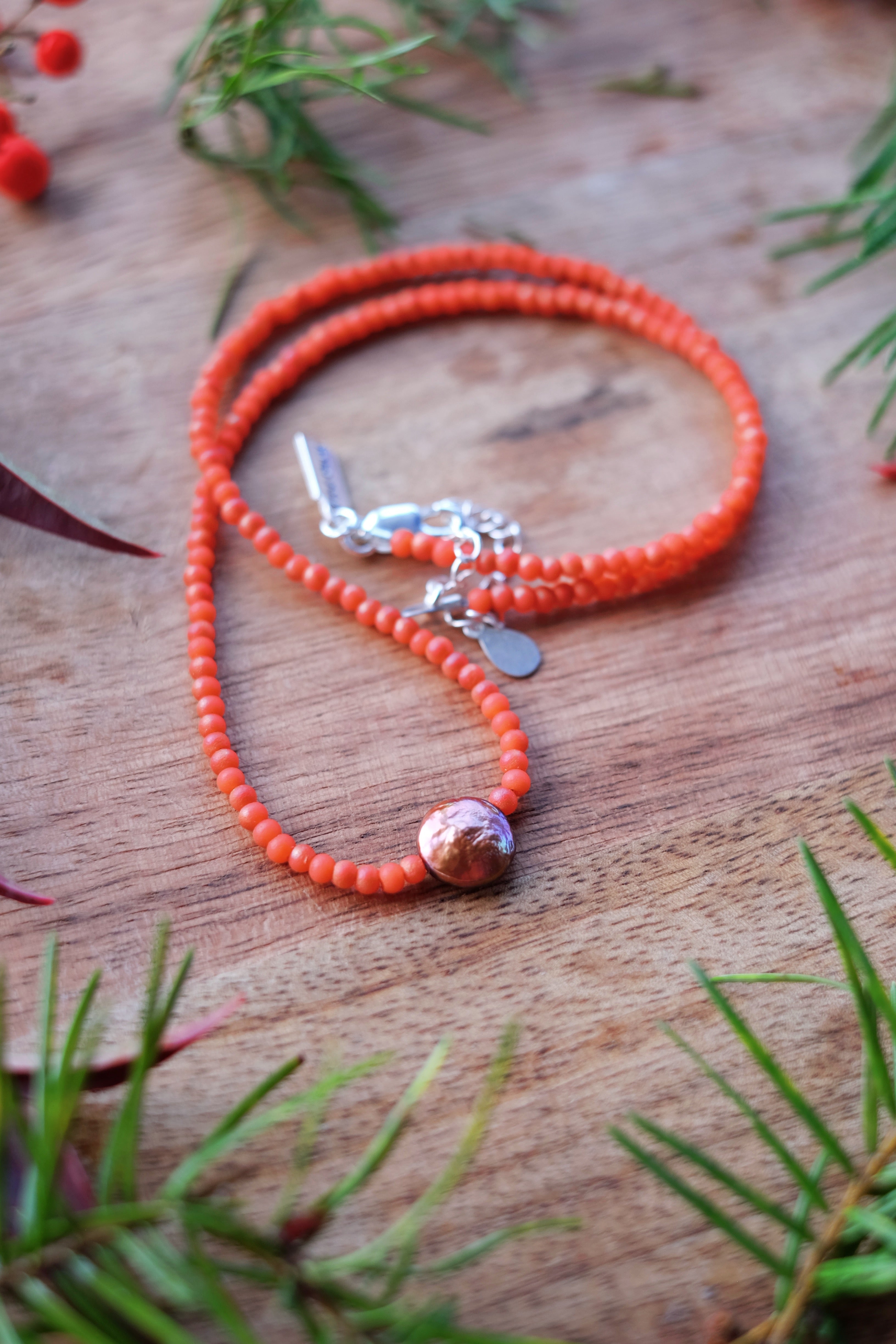 Coral-Orange Seed Bead Necklace with Pearl Accent