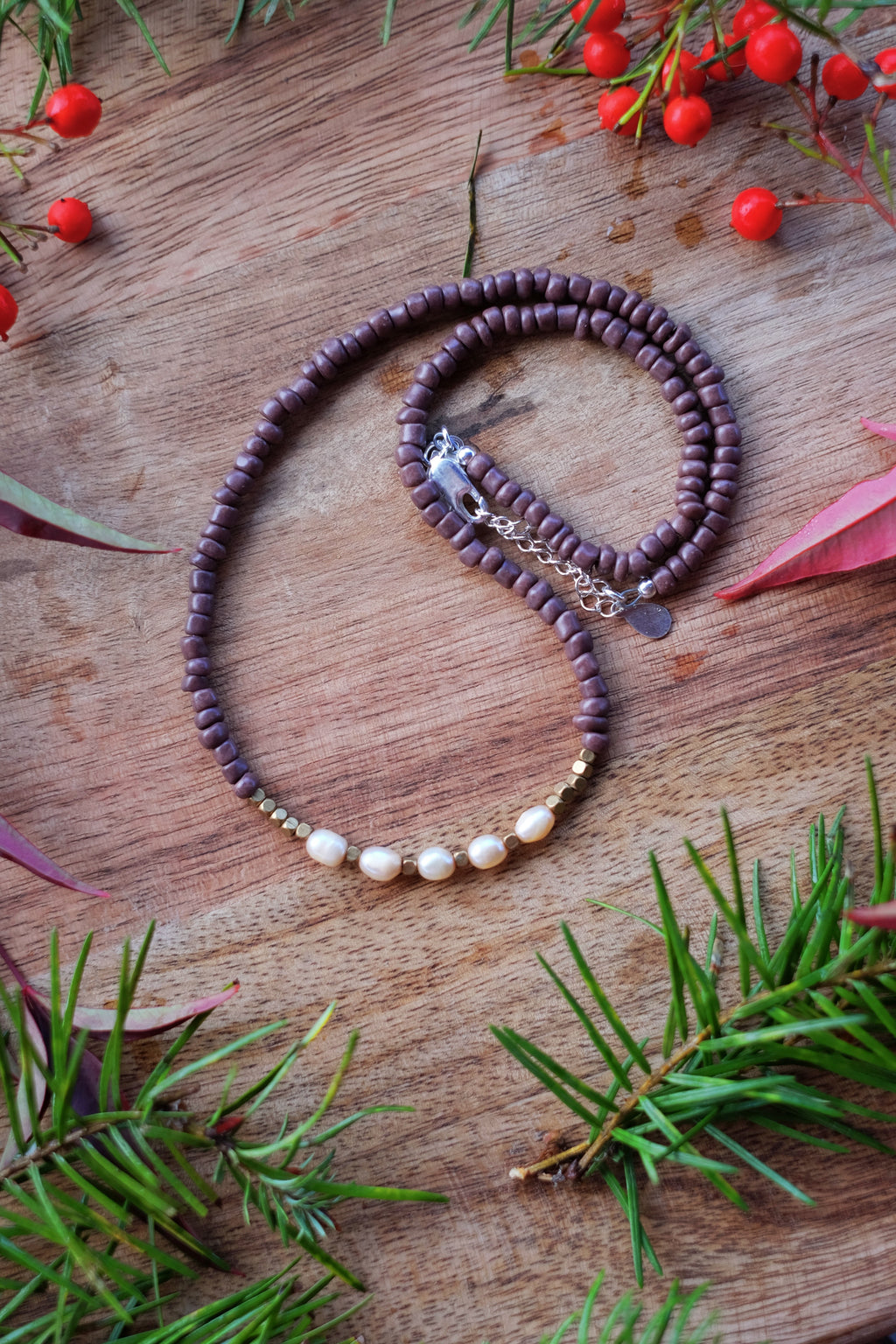 Brown Seed Bead + Freshwater Pearl Necklace