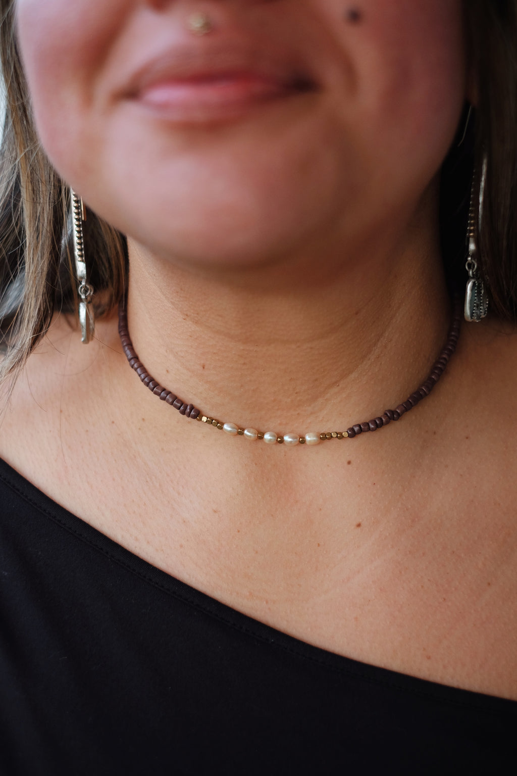 Brown Seed Bead + Freshwater Pearl Necklace