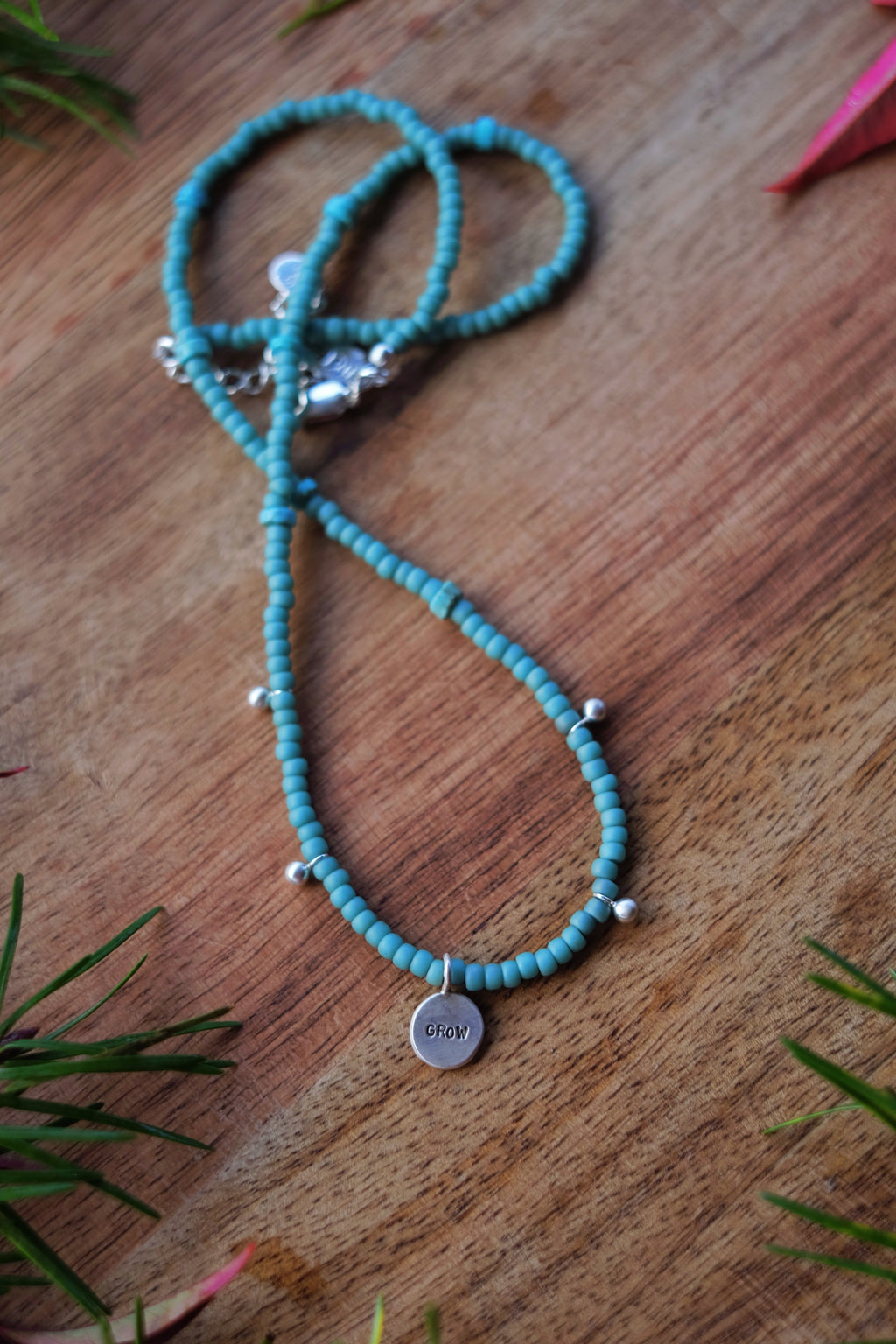 Seed Bead Necklace with Sterling Accents + Kingman Turquoise + Stamped Charm