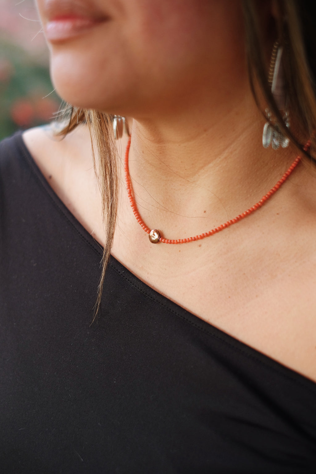 Coral-Orange Seed Bead Necklace with Pearl Accent
