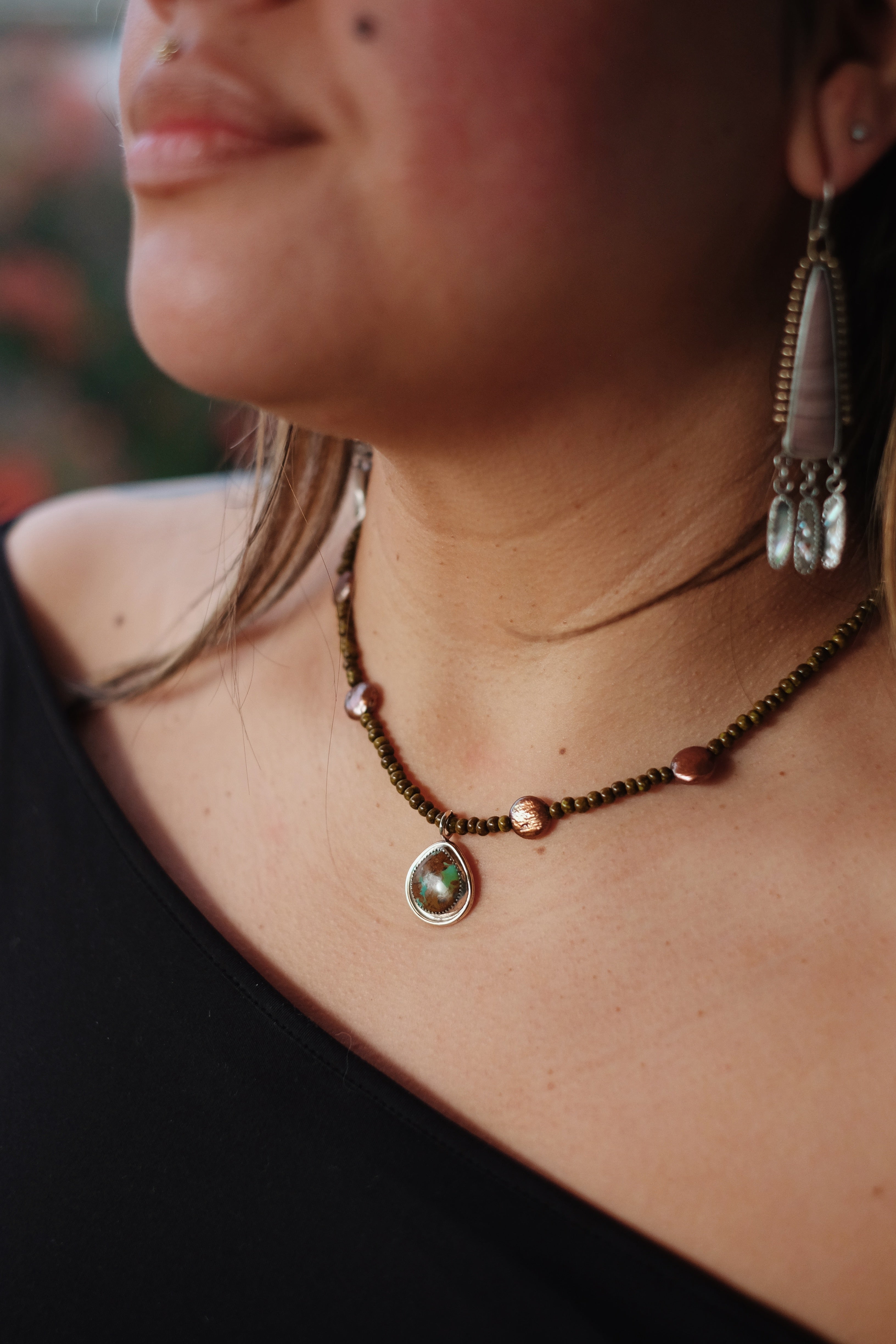 Turquoise + Pearl Necklace with Bronze Turquoise Pendant