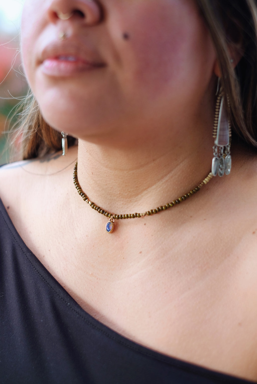 Turquoise Seed Beads with Boulder Opal Brass Pendant