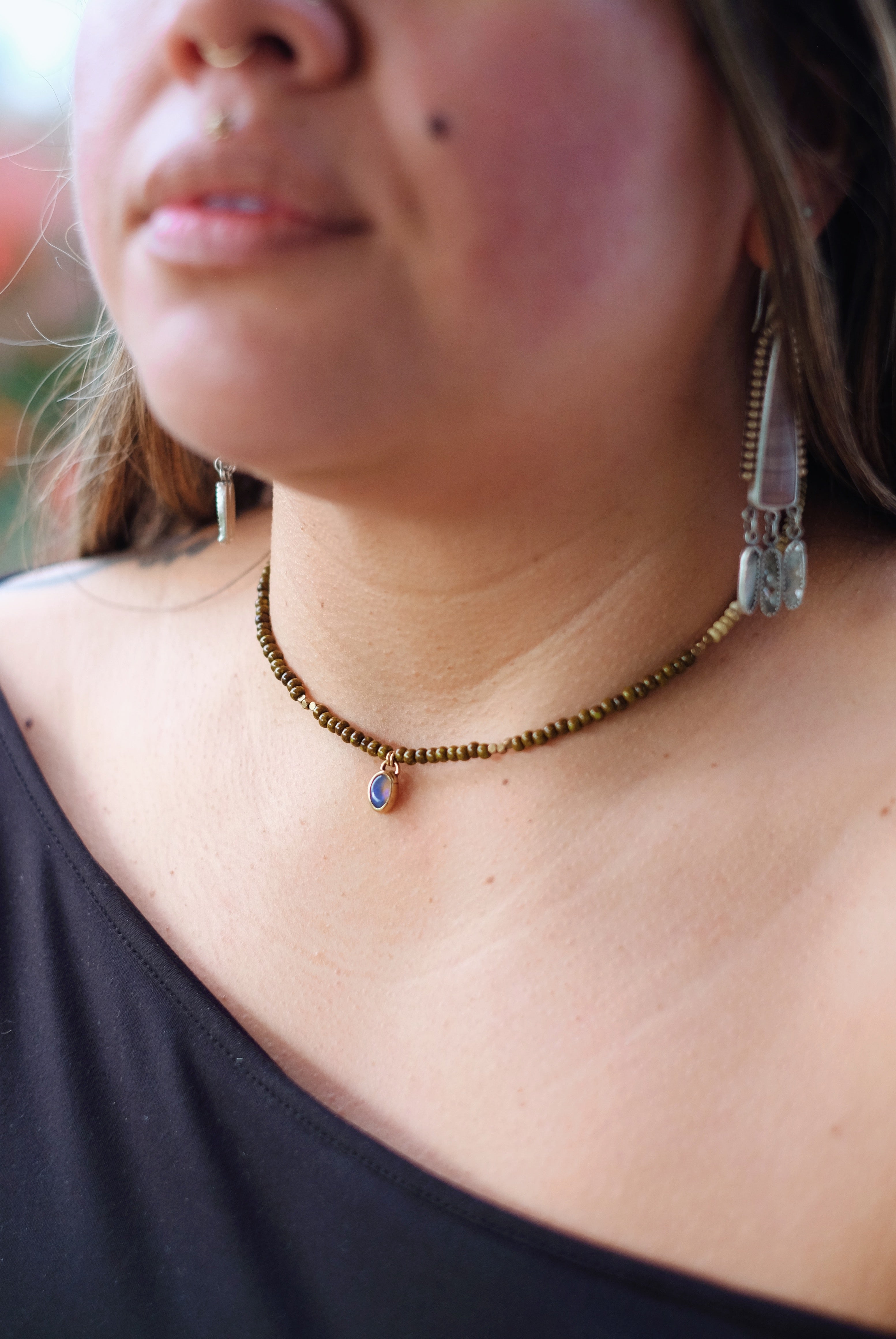 Turquoise Seed Beads with Boulder Opal Brass Pendant