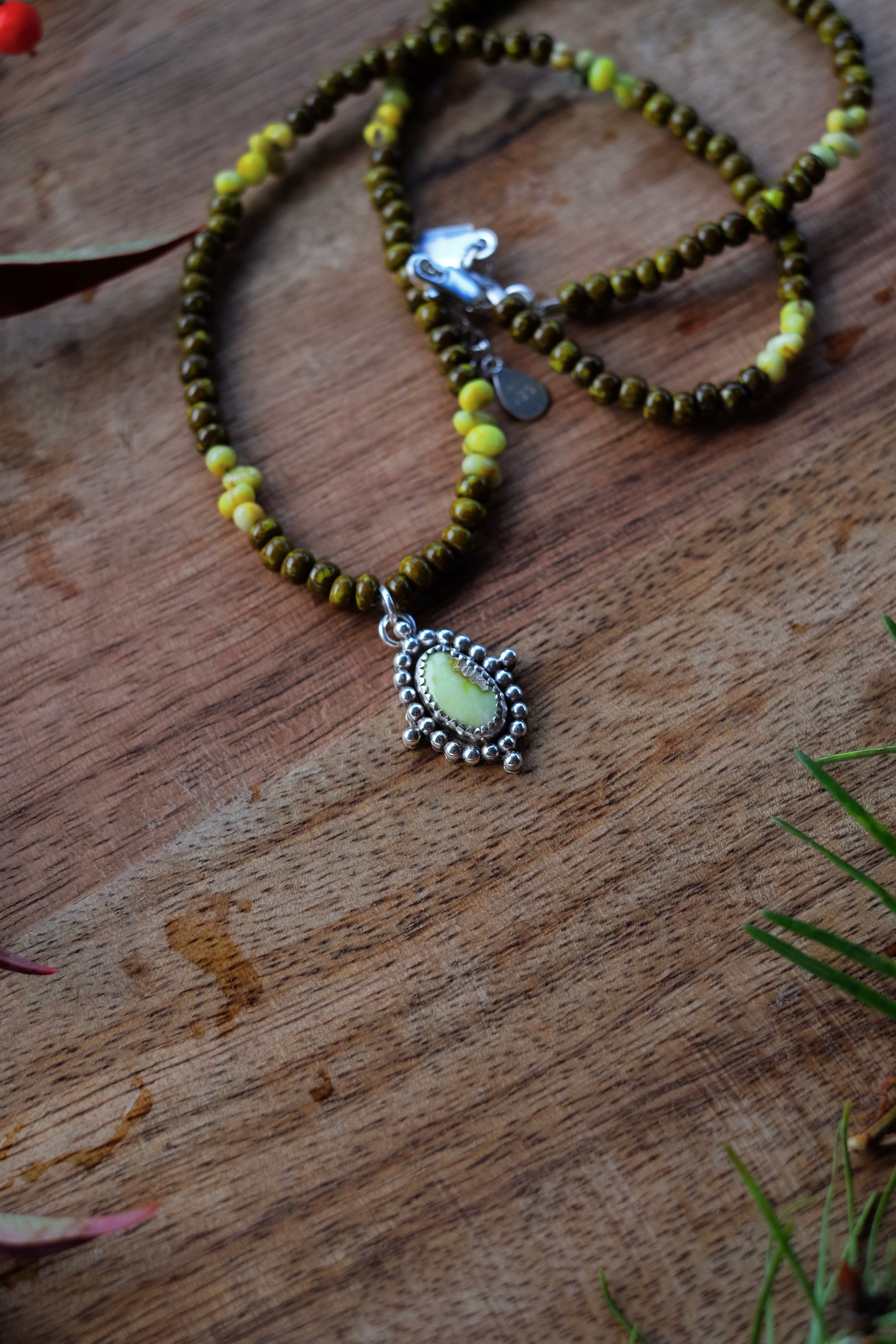 Turquoise Seed Beads with Palomino Turquoise + Sterling Charm