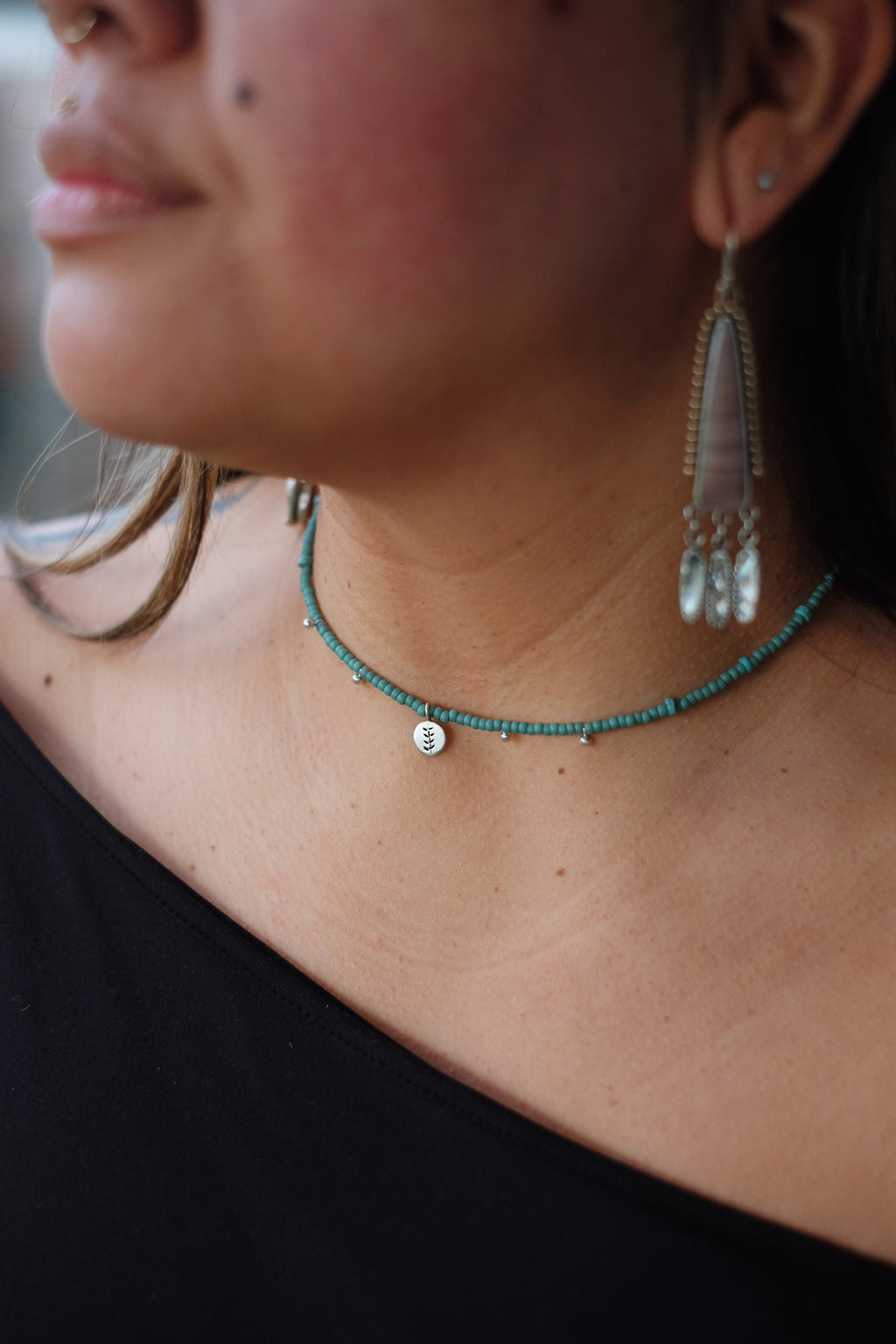 Seed Bead Necklace with Sterling Accents + Kingman Turquoise + Stamped Charm