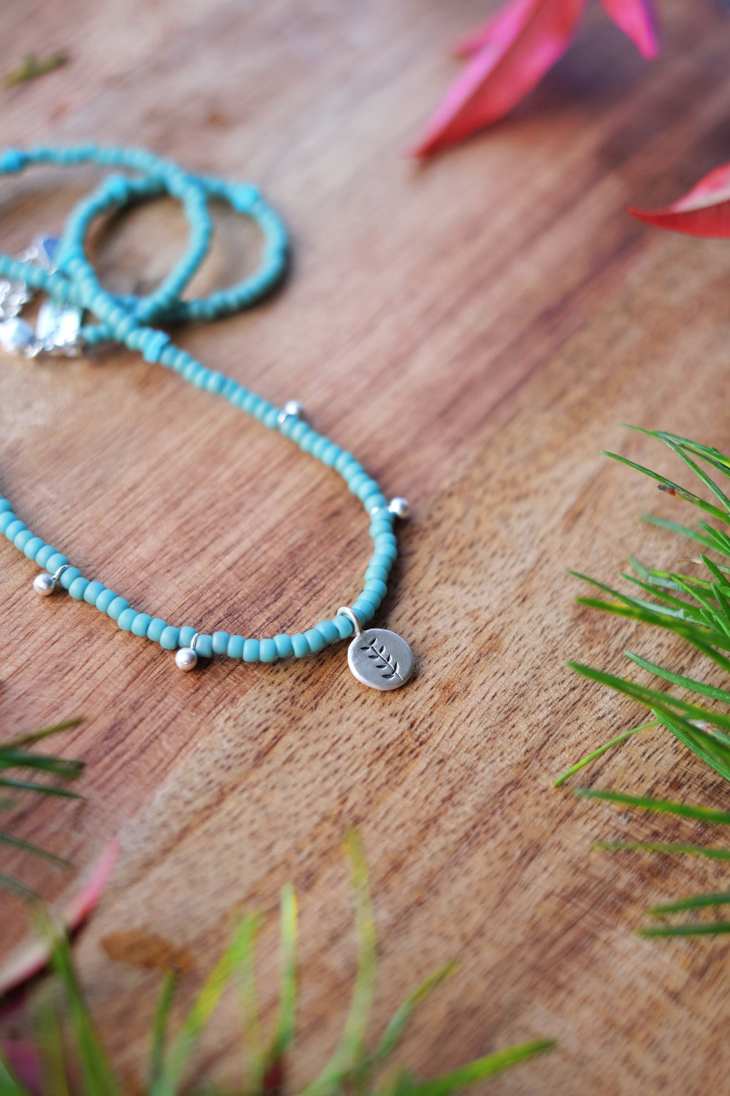 Seed Bead Necklace with Sterling Accents + Kingman Turquoise + Stamped Charm
