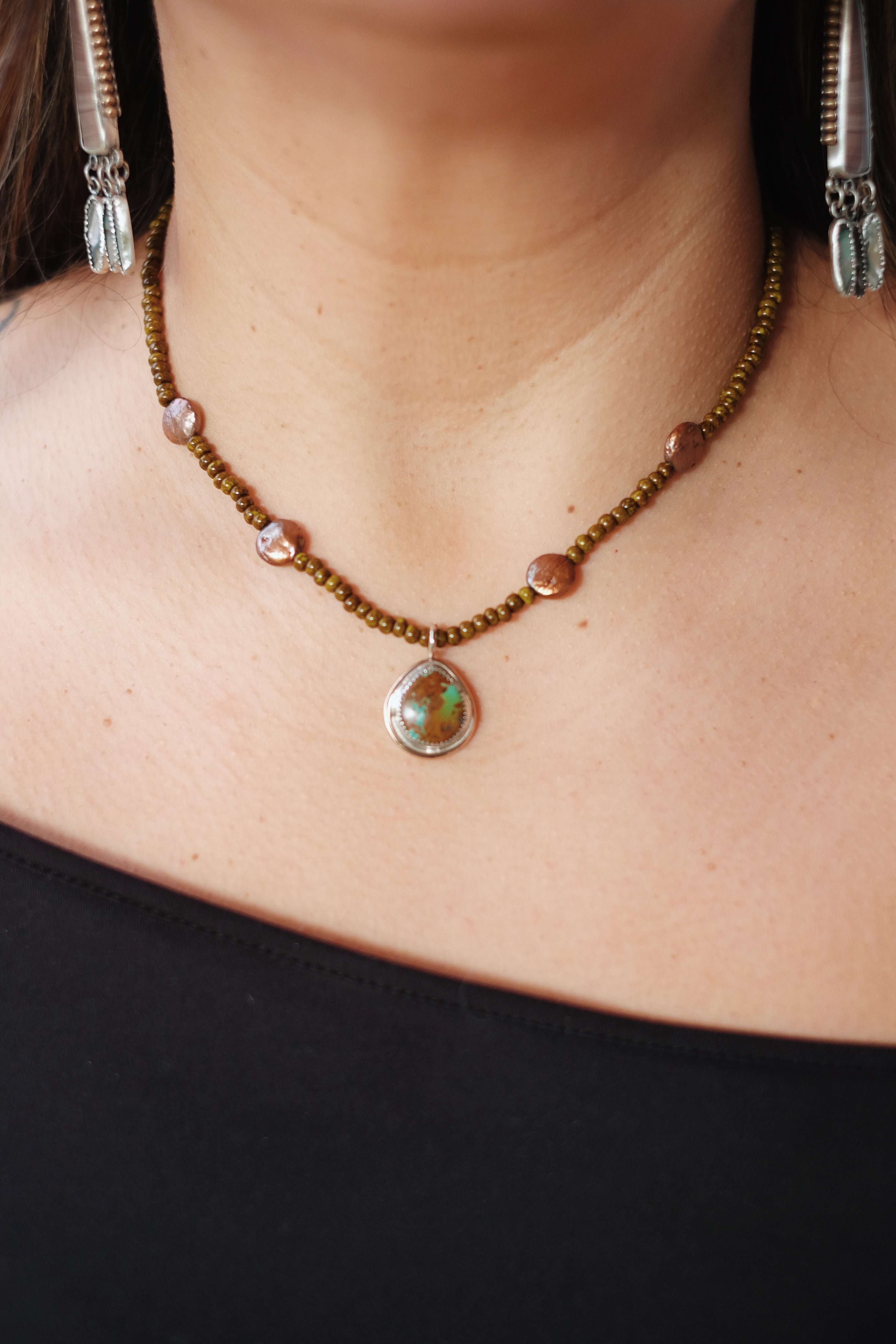 Turquoise + Pearl Necklace with Bronze Turquoise Pendant