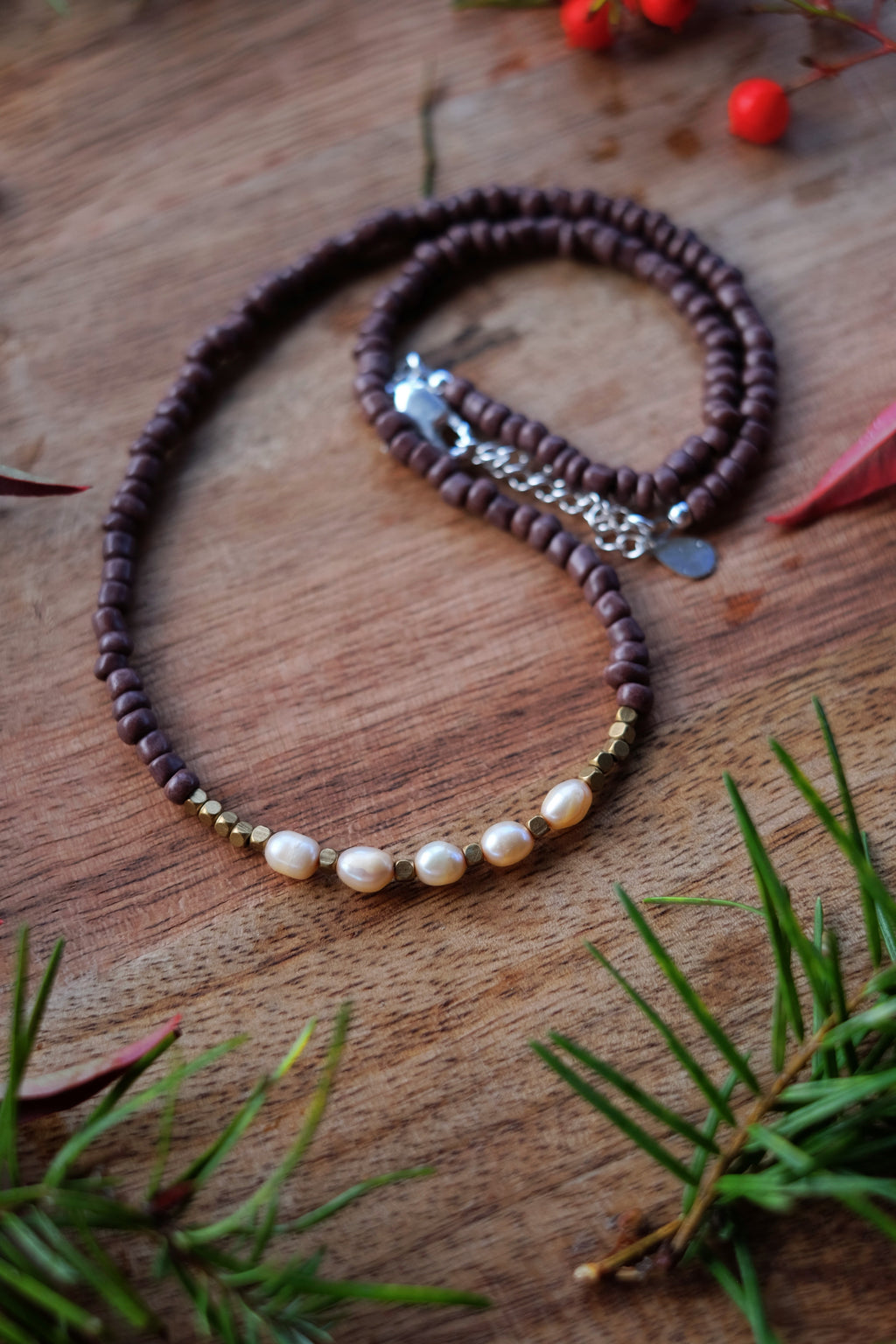 Brown Seed Bead + Freshwater Pearl Necklace