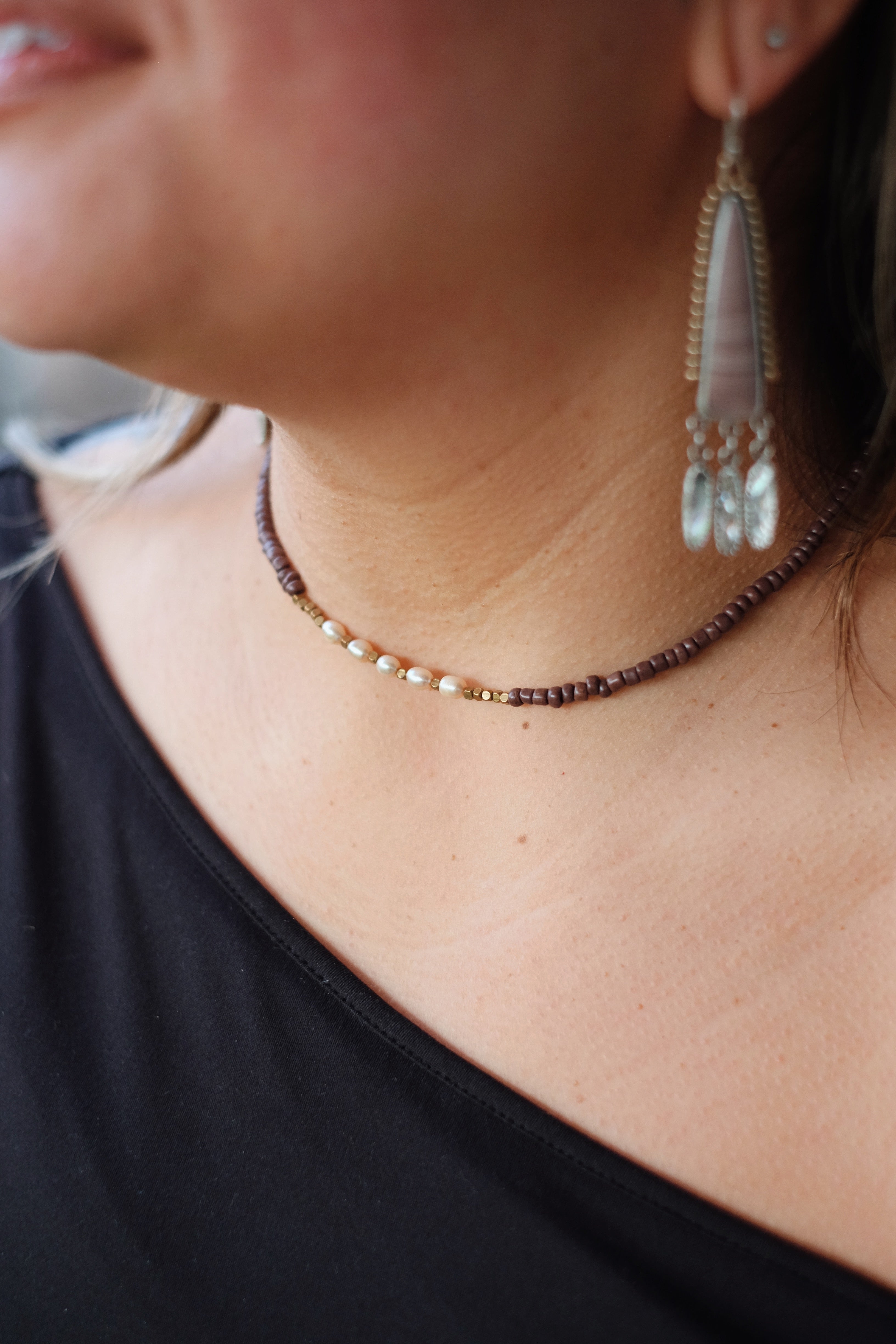 Brown Seed Bead + Freshwater Pearl Necklace