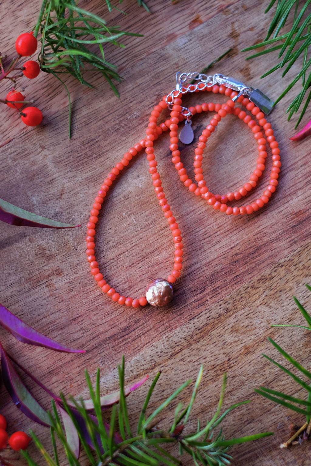 Coral-Orange Seed Bead Necklace with Pearl Accent