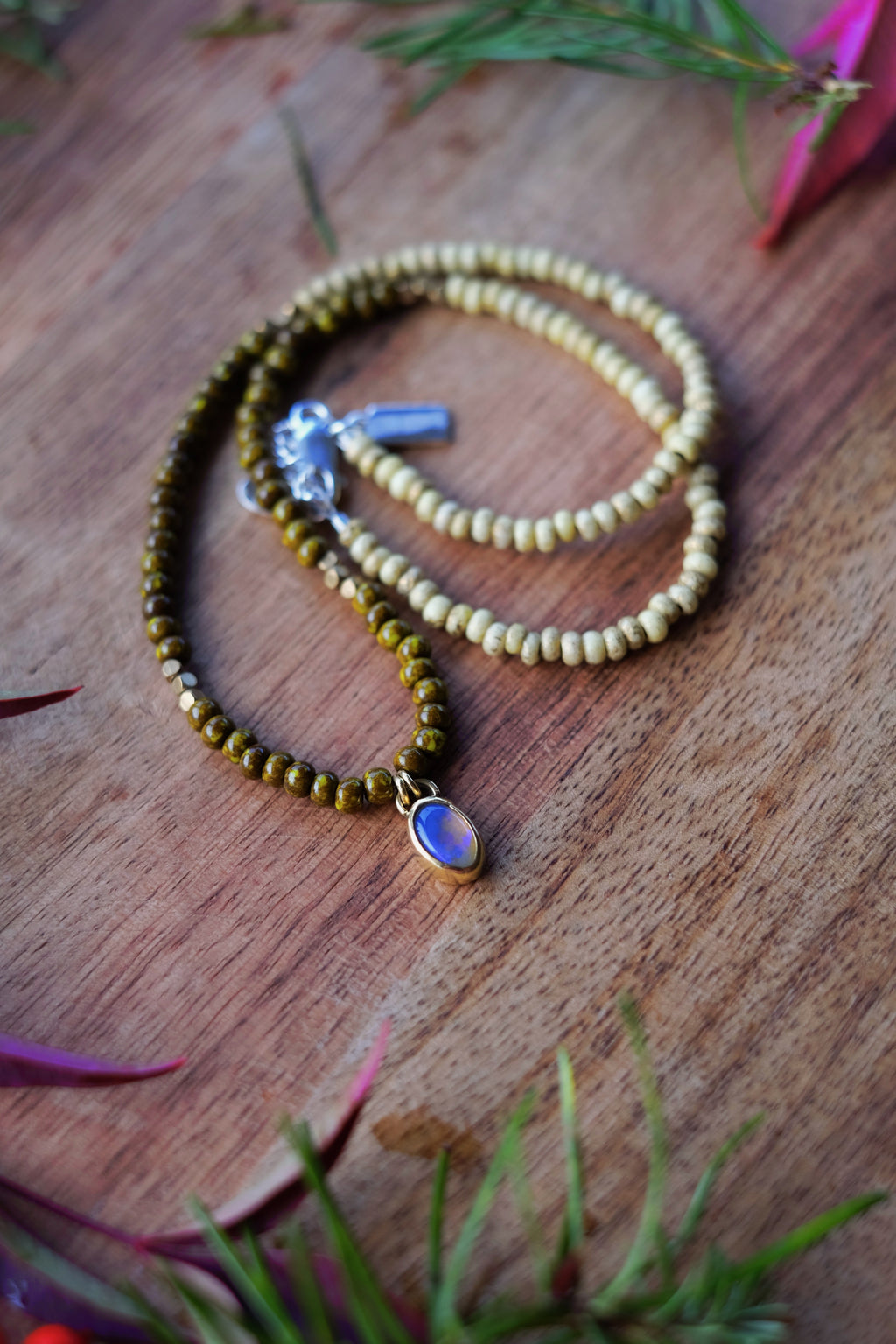 Turquoise Seed Beads with Boulder Opal Brass Pendant