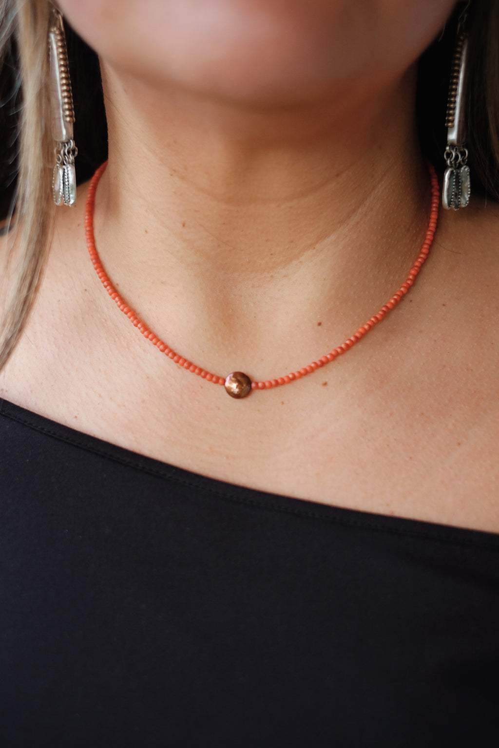 Coral-Orange Seed Bead Necklace with Pearl Accent