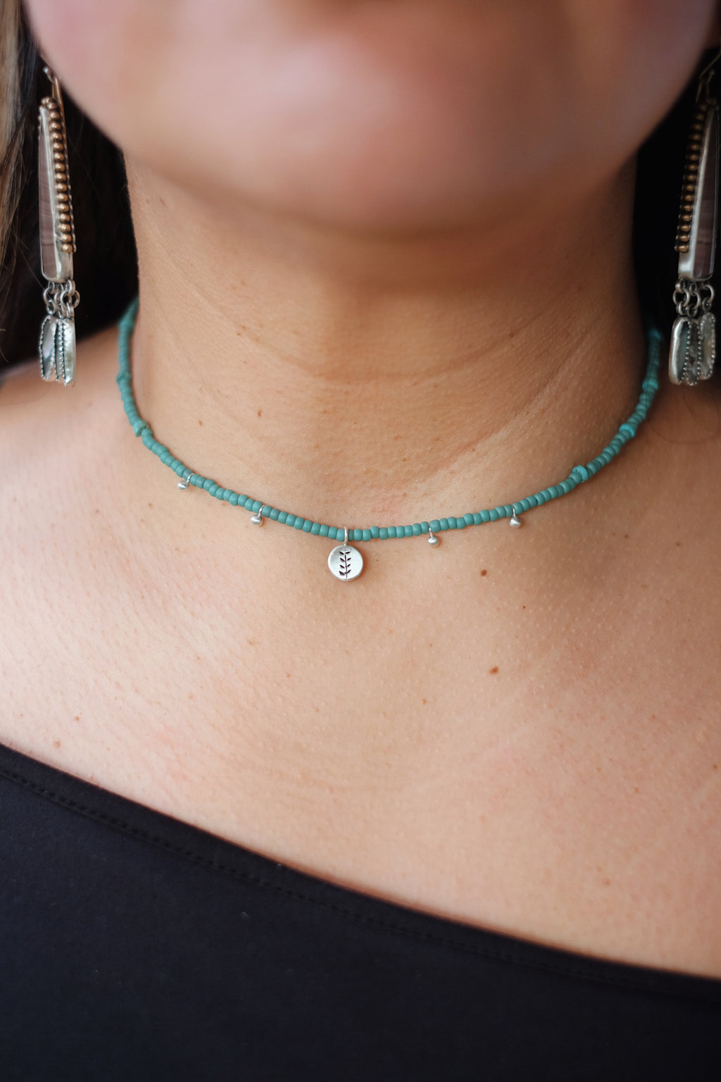 Seed Bead Necklace with Sterling Accents + Kingman Turquoise + Stamped Charm