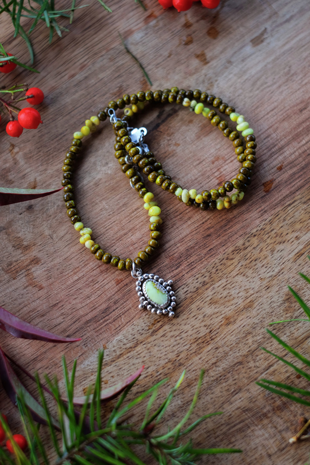 Turquoise Seed Beads with Palomino Turquoise + Sterling Charm