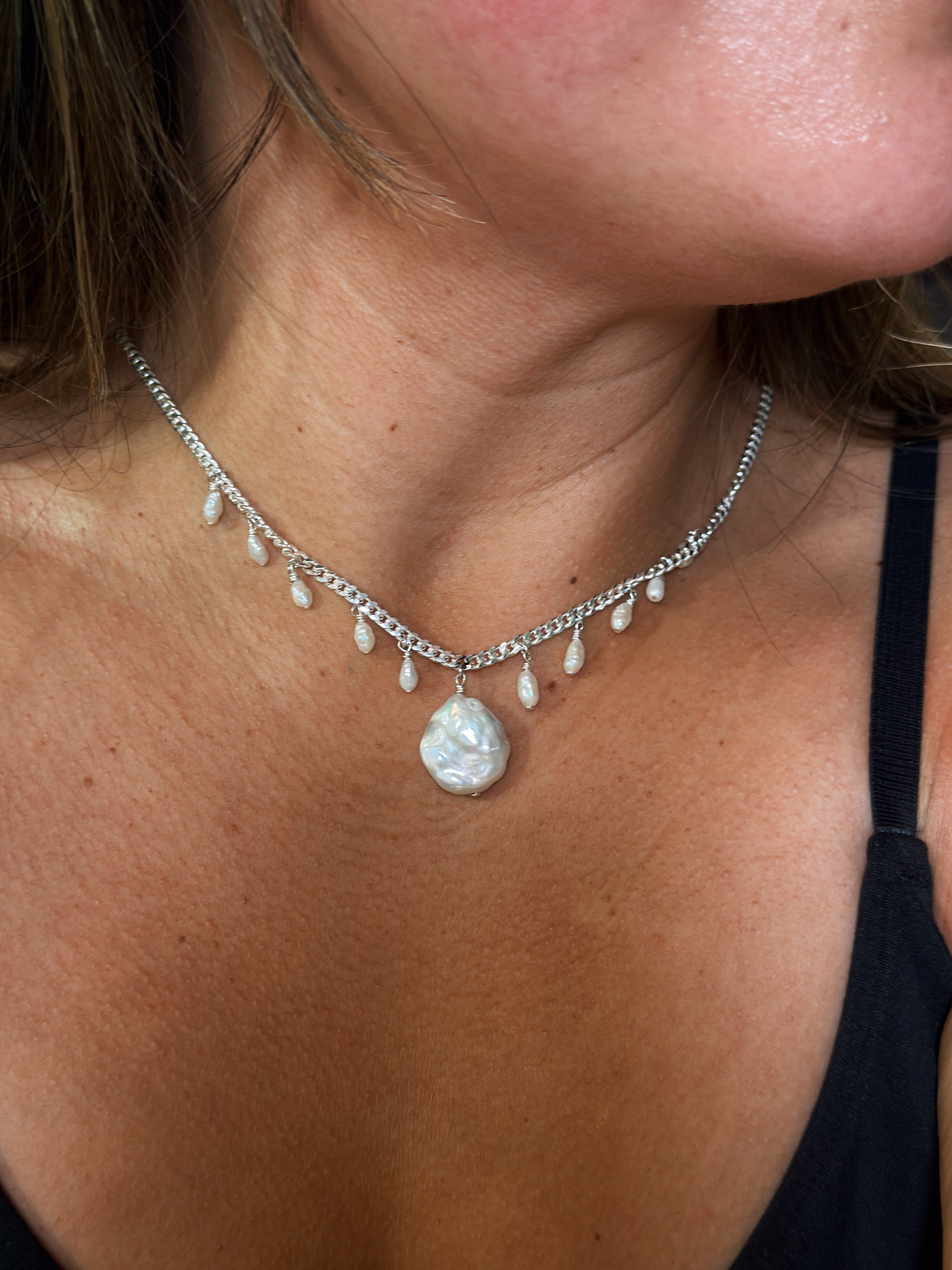 Freshwater Pearl Sterling Silver Curb Chain Necklace