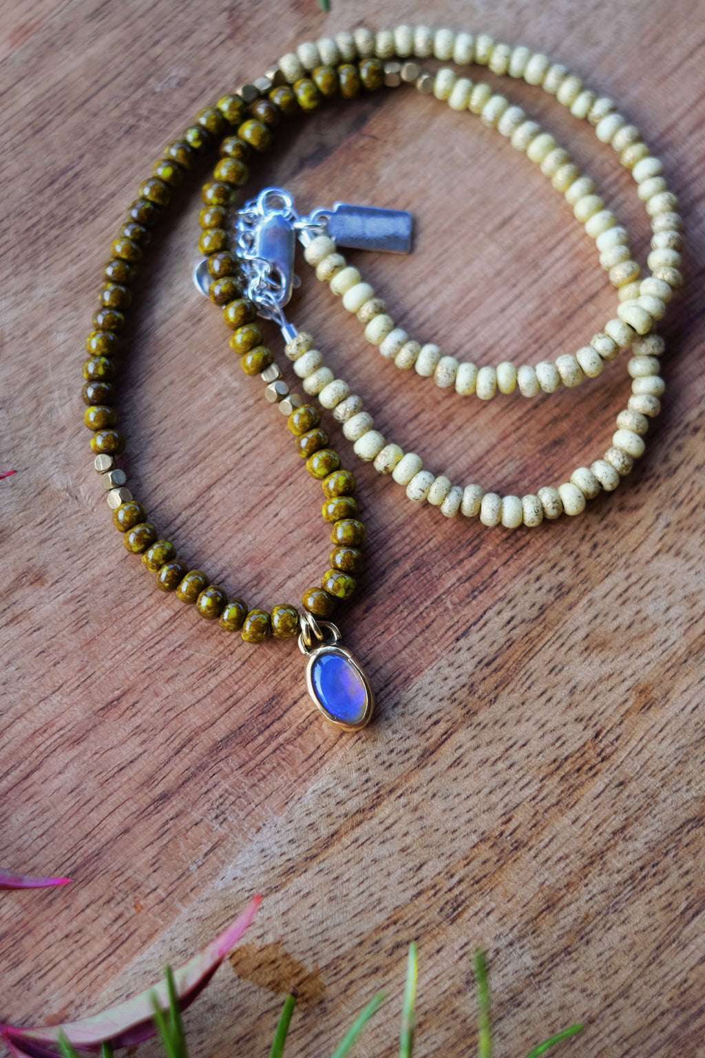 Turquoise Seed Beads with Boulder Opal Brass Pendant