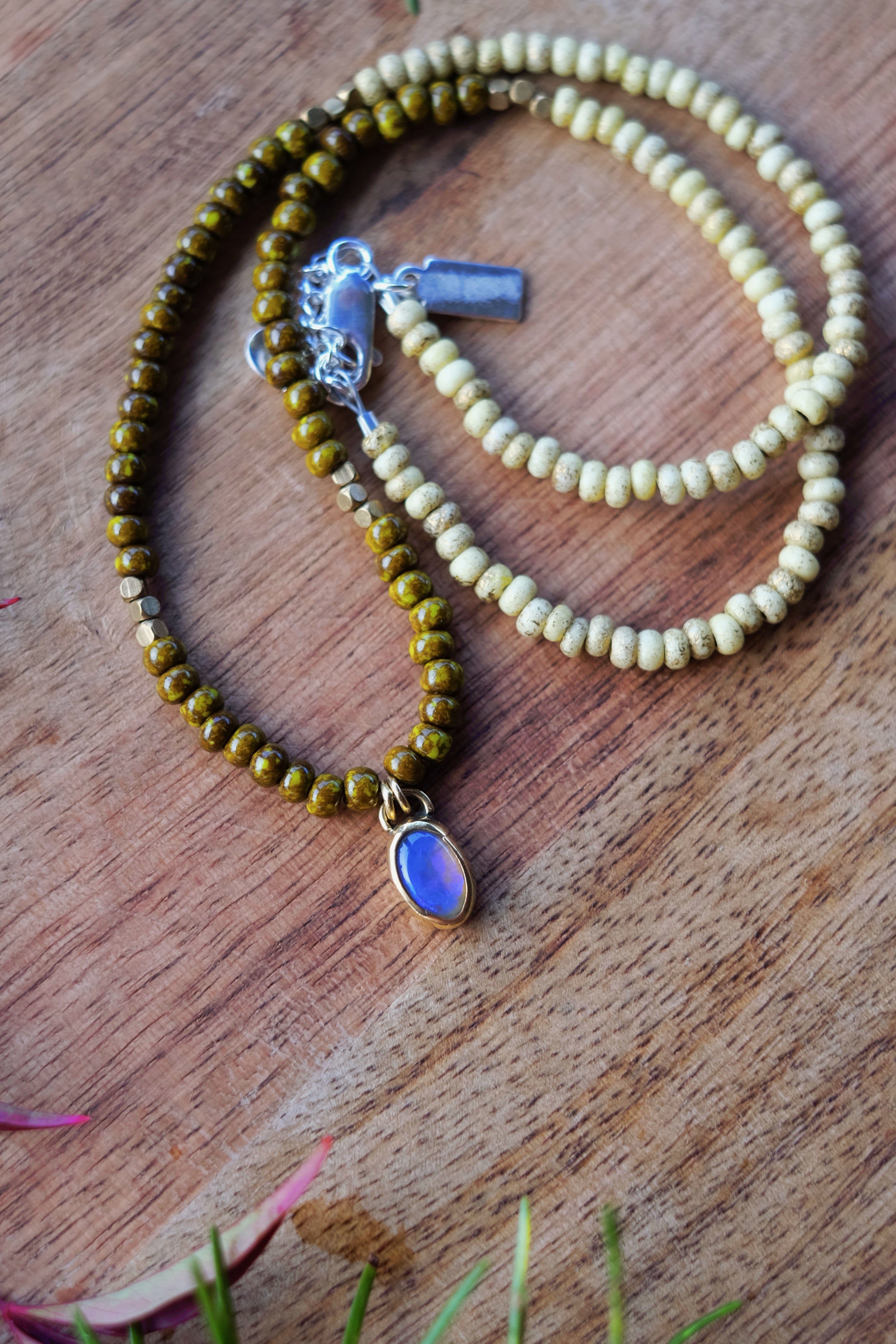 Turquoise Seed Beads with Boulder Opal Brass Pendant