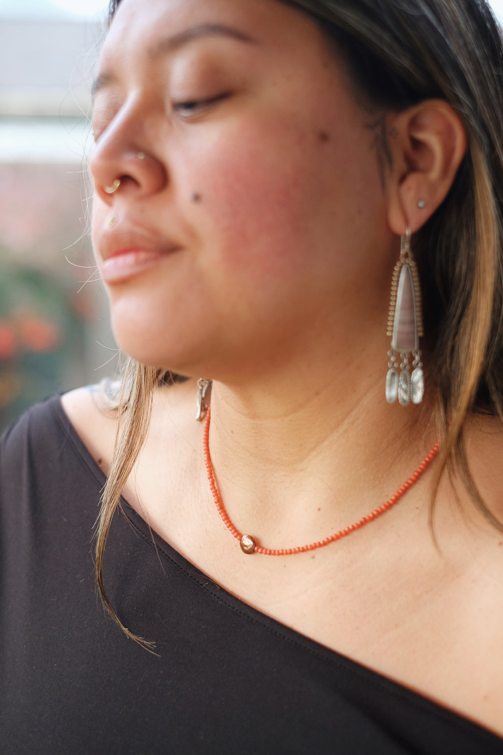 Coral-Orange Seed Bead Necklace with Pearl Accent