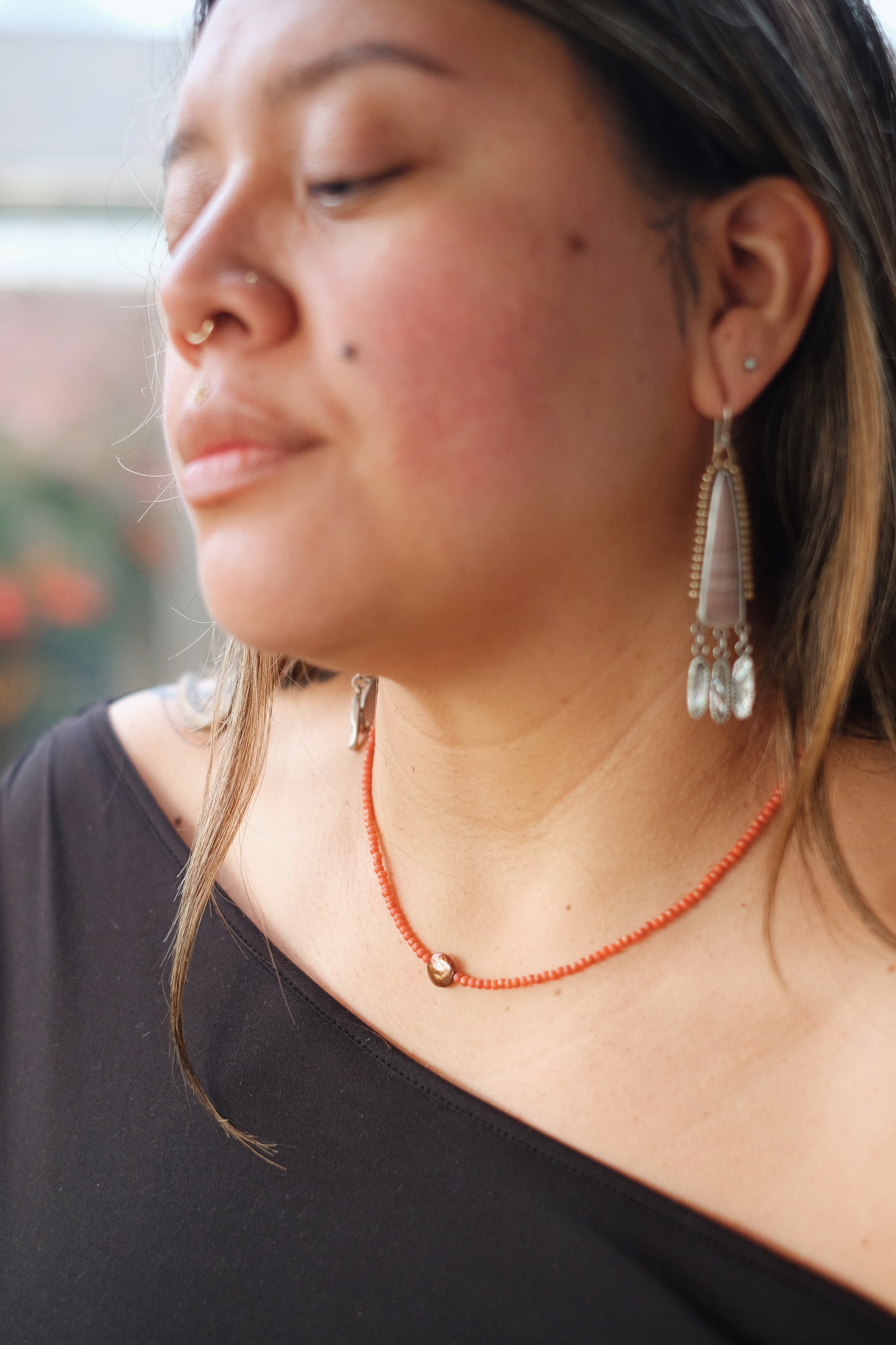 Coral-Orange Seed Bead Necklace with Pearl Accent