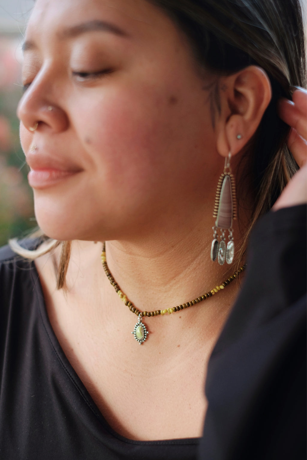 Turquoise Seed Beads with Palomino Turquoise + Sterling Charm