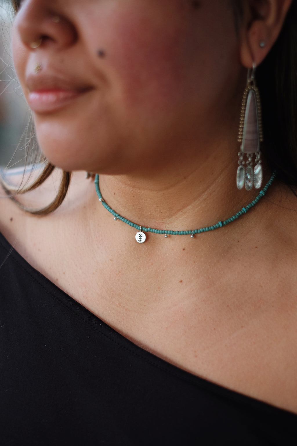 Seed Bead Necklace with Sterling Accents + Kingman Turquoise + Stamped Charm