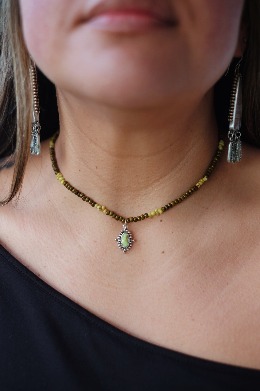 Turquoise Seed Beads with Palomino Turquoise + Sterling Charm