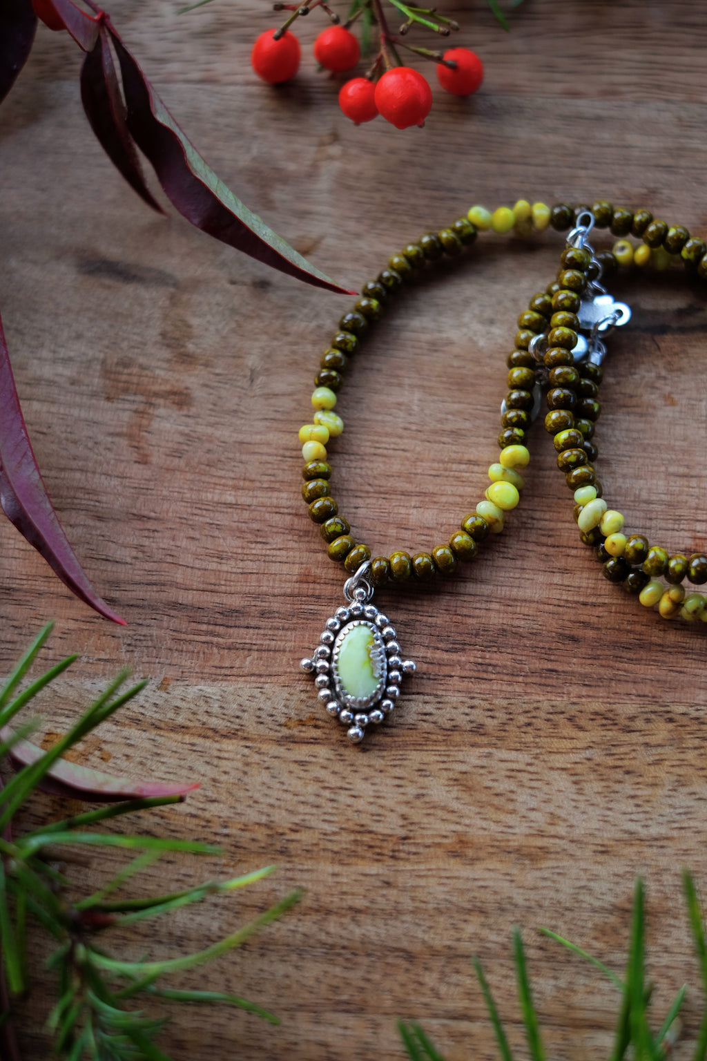 Turquoise Seed Beads with Palomino Turquoise + Sterling Charm