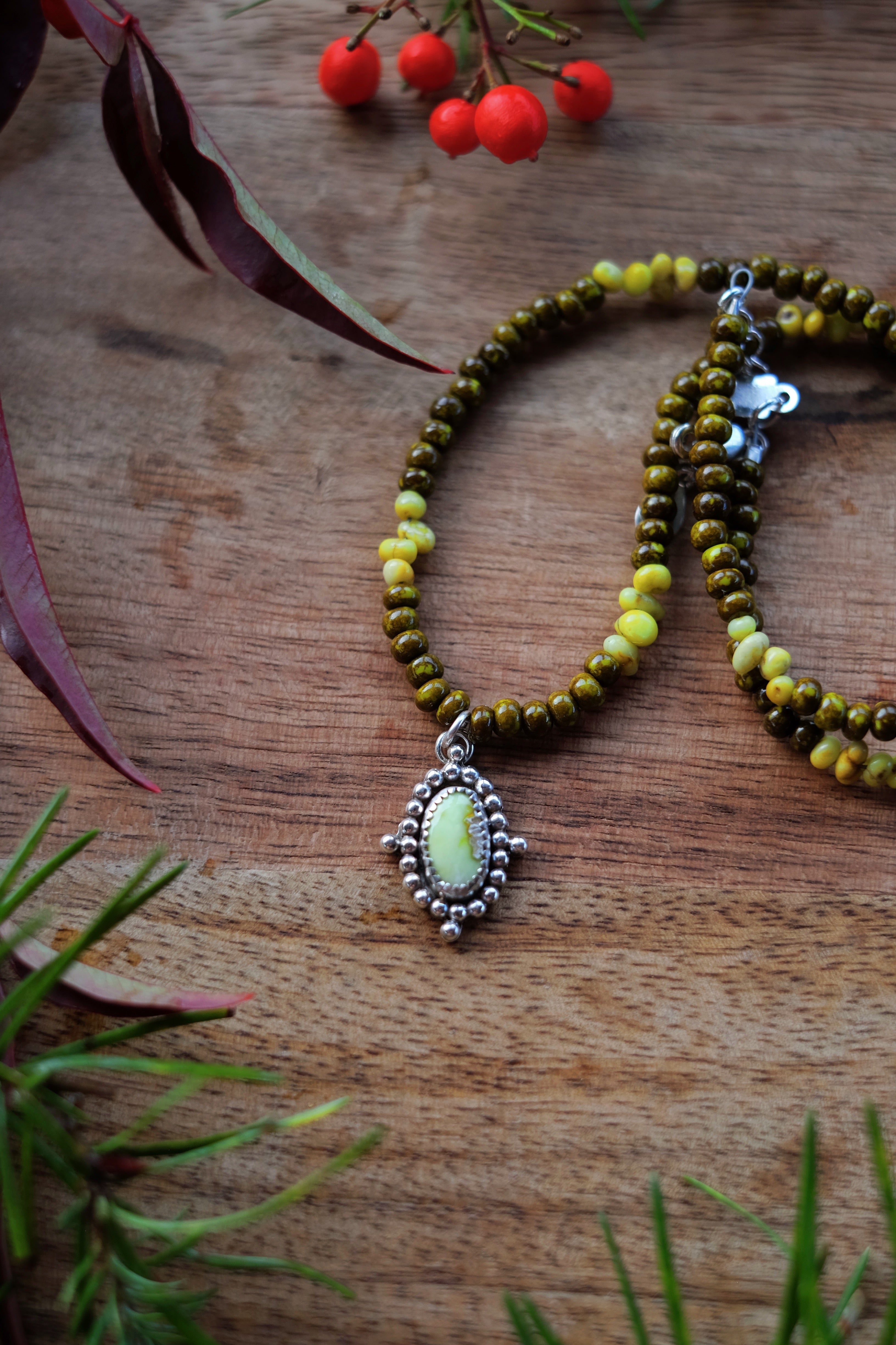 Turquoise Seed Beads with Palomino Turquoise + Sterling Charm