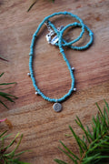 Seed Bead Necklace with Sterling Accents + Kingman Turquoise + Stamped Charm